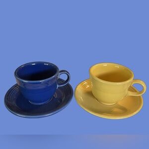 Fiestaware 4 Pieces Sapphire Blue & Sunflower Yellow Cup & Saucer Sets EC